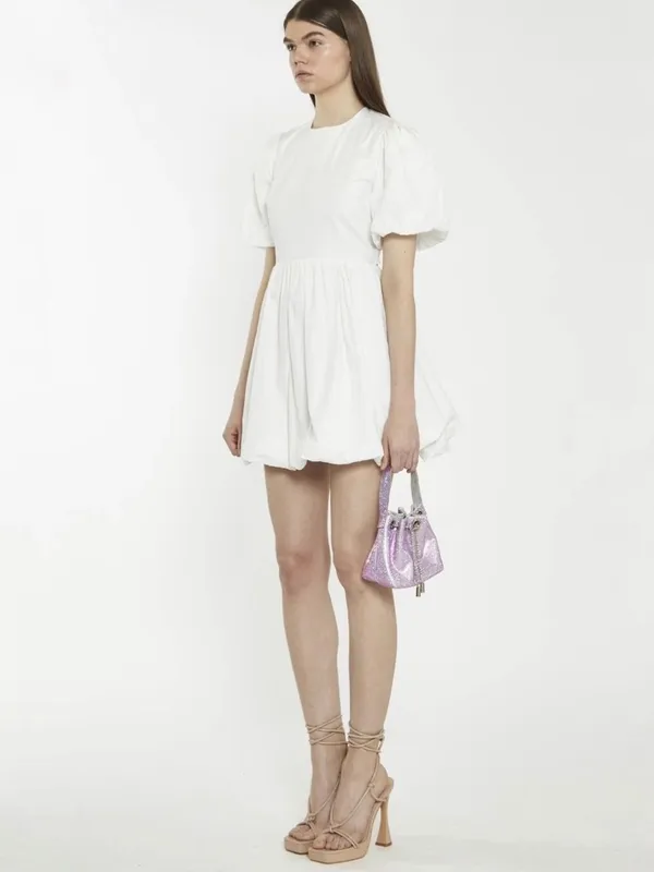Glamorous Puff-Sleeve Mini Dress White Open Back Lace Up Skater Dress White Sz 4 - Image 4