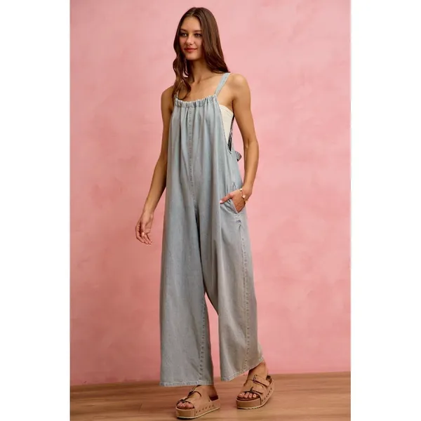 SO ME Wide Leg Lightweight Denim Overalls - Light Denim - Medium - Image 11