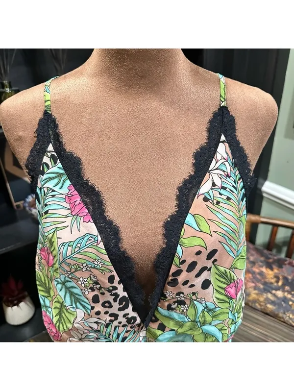 I.N.C. Floral Leopard Print Lingerie Romper with Black Lace Trim – Size Large - Image 2