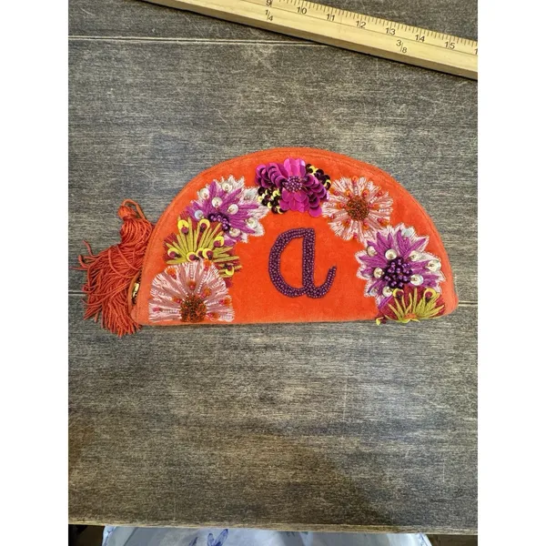 Anthropologie Monogram Crescent‎ Pouch Orange with purple monogrammed A - Image 2
