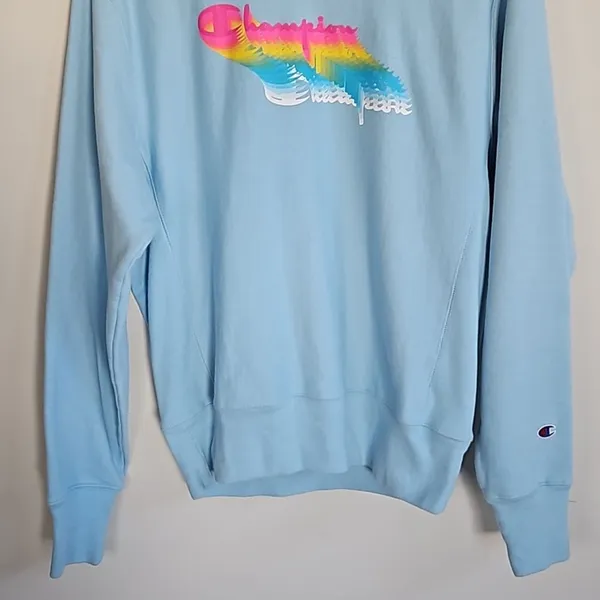 Champion Reverse Weave Sweatshirt Small Light Blue Pastel Shadow Script Logo - Image 2