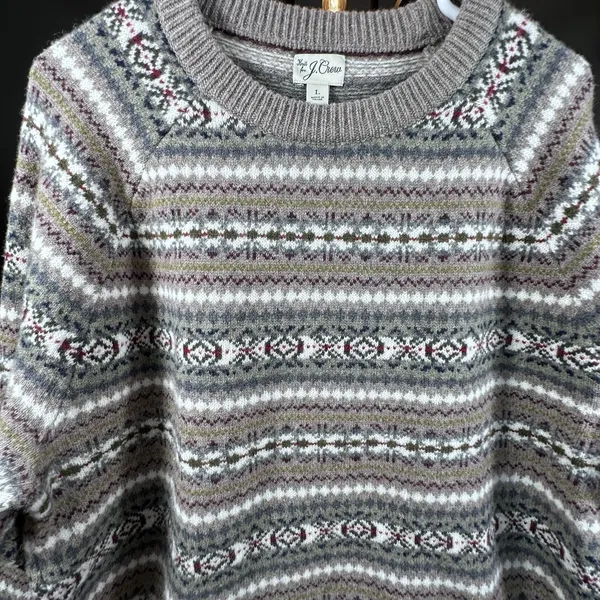 J Crew 100% Merino Wool Intarsia Sweater Gray Purple Fair Isle Womens Large - Image 4