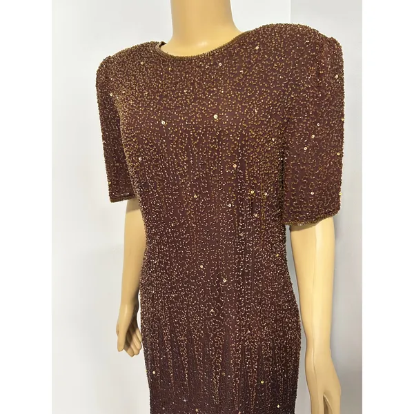 Stenay Vintage Brown Silk Beaded Sequin Sheath Cocktail Dress XL Shoulder Pads - Image 2