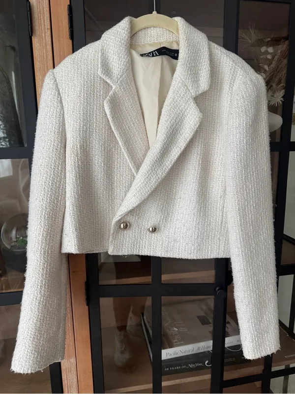 Zara tweed blazer jacket cropped textured ecru double breasted tailored - Image 5
