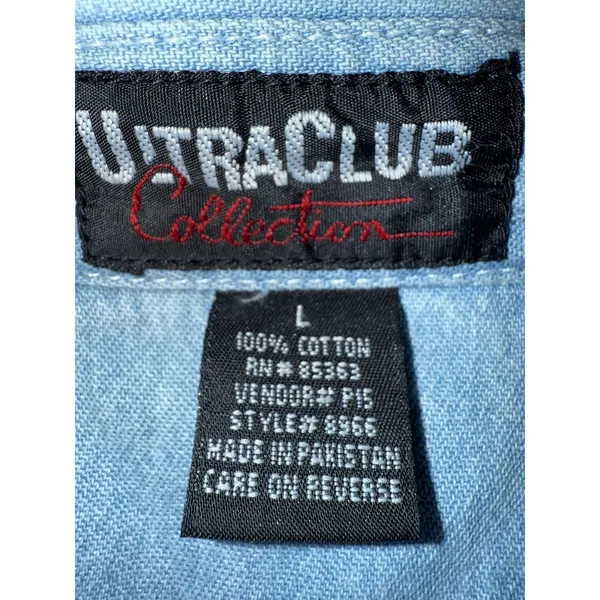 vintage Ultra Club denim shirt Christmas embroidery Trains wreath button up L - Image 3