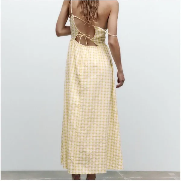 NWT ZARA Gingham Dress Yellow White XXLarge Beaded Open Back - Image 7