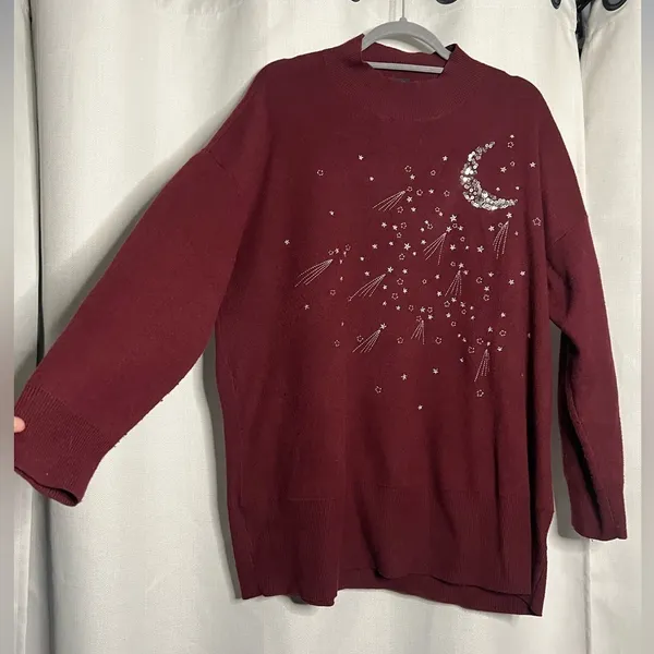 Torrid Burgundy Maroon Silver Sequin Moon Mock Neck Sweater 1X - Image 7