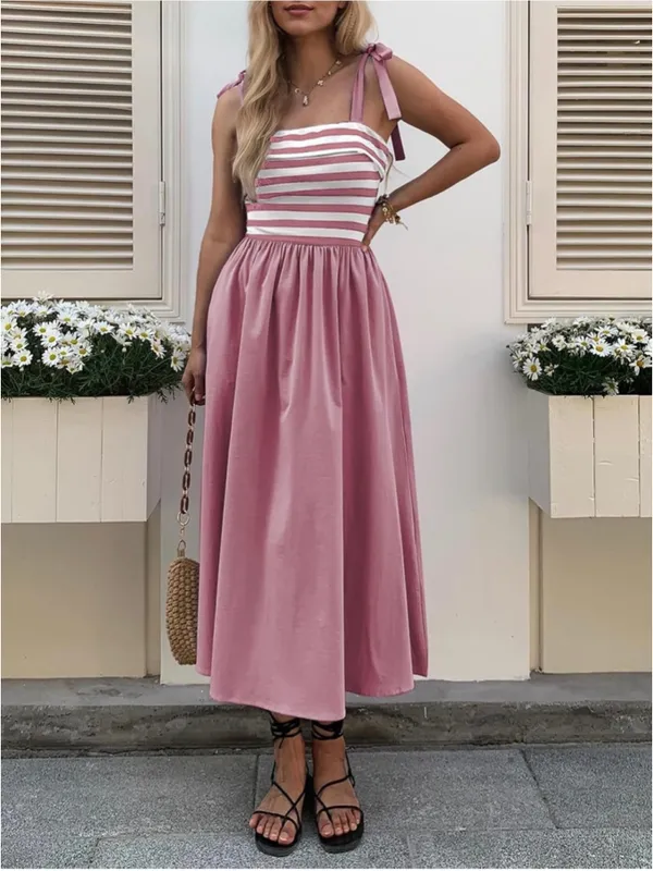 NEW Tie Strap Striped Midi Stretch Dress Pockets Small - Image 4