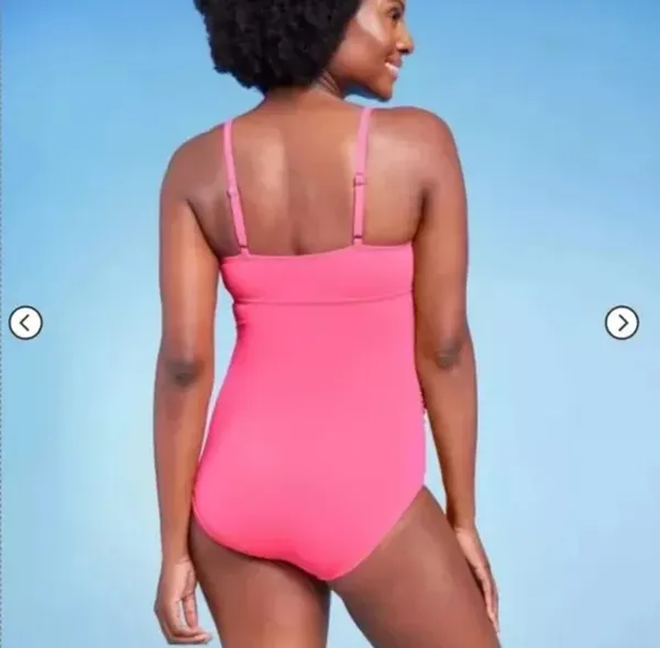 Isabel Maternity One Piece Swimsuit LARGE Pink Ruffle Plunge Padded Ruched Beach - Image 3