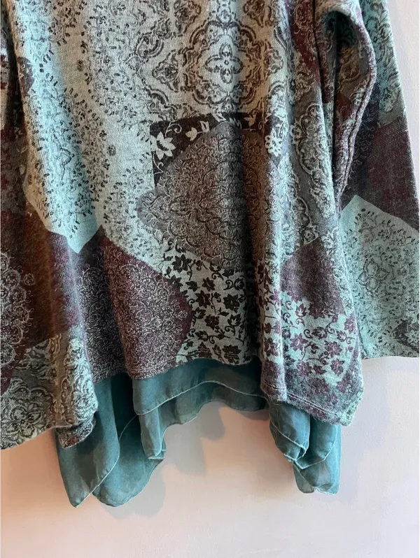 Tempo Paris Patchwork Asymmetrical Tunic Top | Sage Green Floral Layered Boho - Image 7