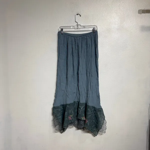 Vintage 90s Blue Sheer Lace Handkerchief Hem Midi Skirt Sz M - Image 9