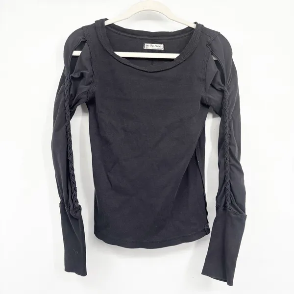 We The Free Free People Womens Black Daisy Chain Cuff Edgy Ribbed Blouse‎ Size S - Image 3
