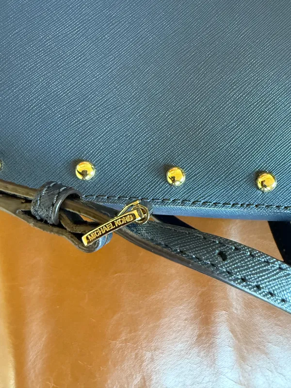 Michael Kors Navy Leather Crossbody with Gold Stud Accents - Image 15