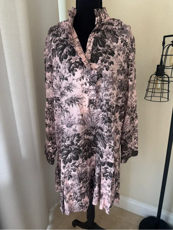 Tuckernuck Pink Toile Print Ruffle Collar Mini Dress Size M Cottagecore - Image 2