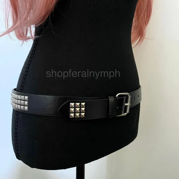 Black Y2K Triple Row Pyramid Studded Belt, Fits 26 to 35 Inches, X7GA1383 - Image 2