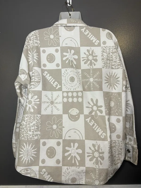 Smiley X H&M Shirt Womens Small Beige Smiley Face Graphic Twill Button Up - Image 7