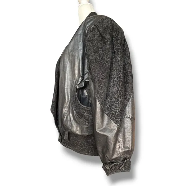 Vintage 80s Black Leather Jacket Suede Embossed Oversized Batwing Belted Moto - Image 7