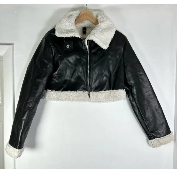 Cider Vegan Leather Shearling Collared Cropped Jacket S - Image 2