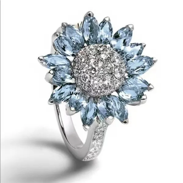Sunflower Statement Ring Blue CZ Crystal Petals Silver Tone Size 10 NWT - Image 7