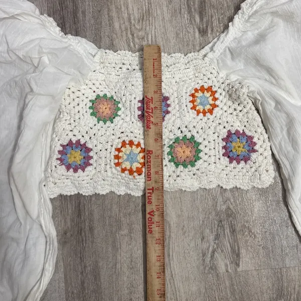 Aerie Crochet Granny Square Balloon Sleeve‎ Boho Crop Top White Size Small - Image 4