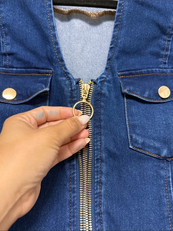 Navy Blue Denim Mini Dress with Front Zip - Image 9