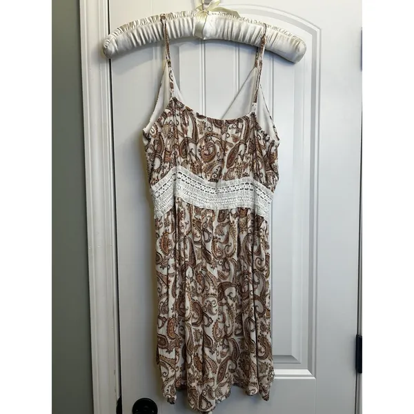 Justify XL Cream Brown Paisley Rayon Crochet Waist Sleeveless Boho Jumper Dress - Image 14