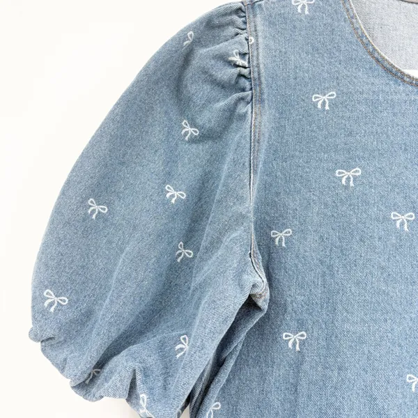She + Sky Womens Bow Print Tiered Puff Sleeve Babydoll Denim Mini‎ Dress Size M - Image 4