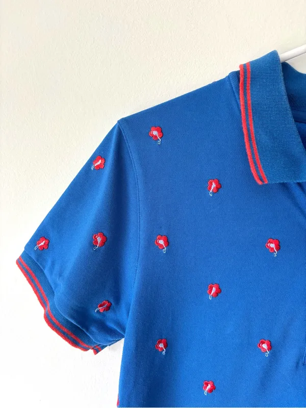 Tory Burch Sport Performance Pique Polo Surf Blue Dear Flower Embroidered Golf - Image 3