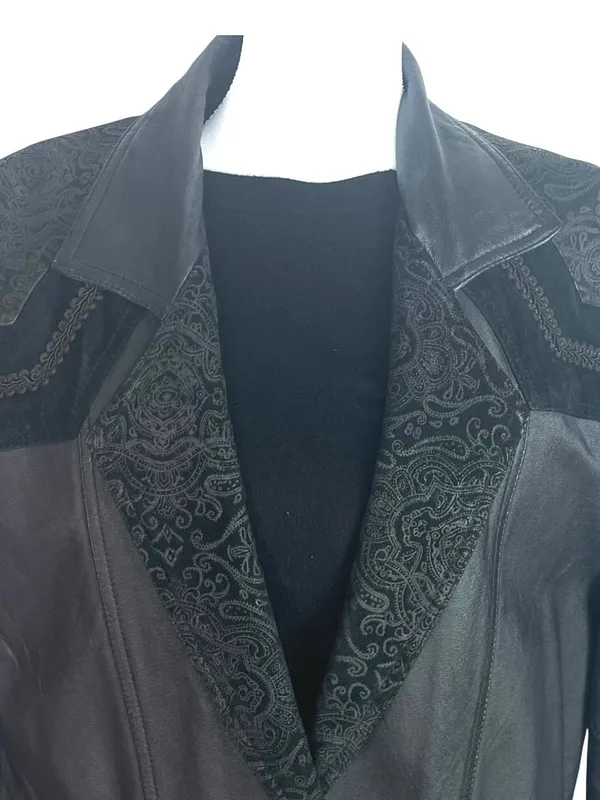 VTG 80s Black Leather Long Trench Duster Coat M Intricate Burnout Suede - Image 3
