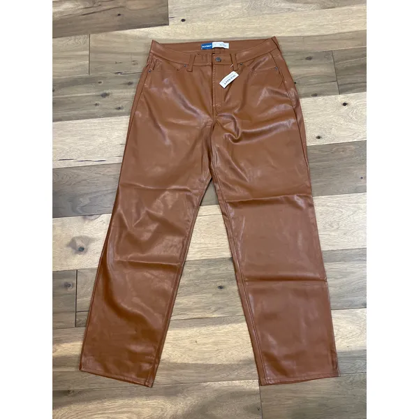 Old Navy Pants Size 14 Tan Faux Leather High Rise OG Loose Button Zip Front NWT - Image 3