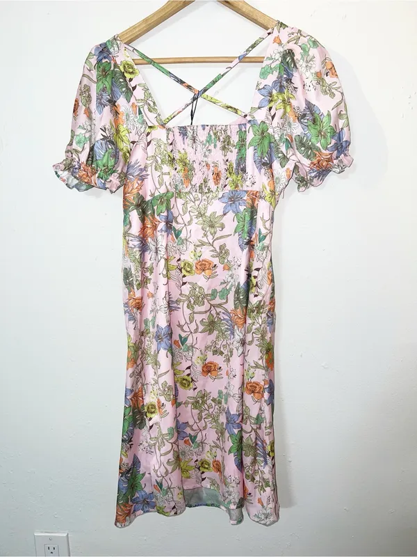 FOF Pink Floral Puff-Sleeve Short Sleeve Midi Summer Dress New - Image 8