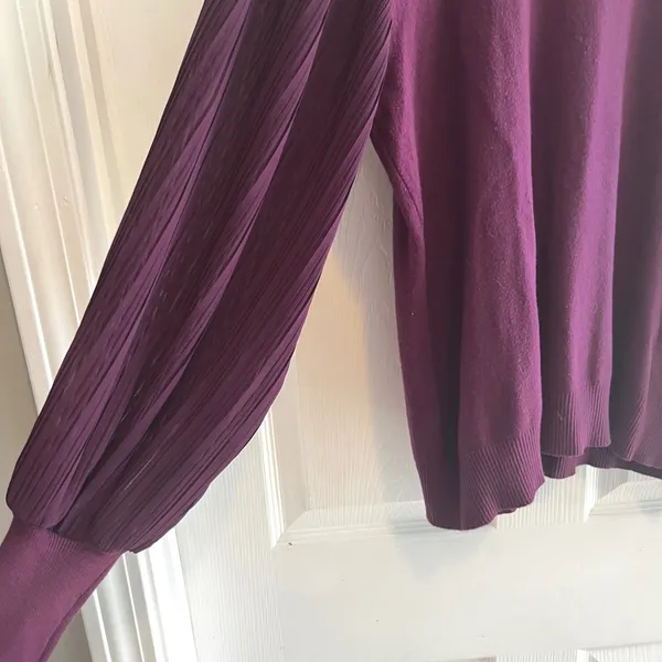 Plum Purple‎ Sweater with Pleated Bishop Sleeves Ruffle Mock Neck Size Medium - Image 3