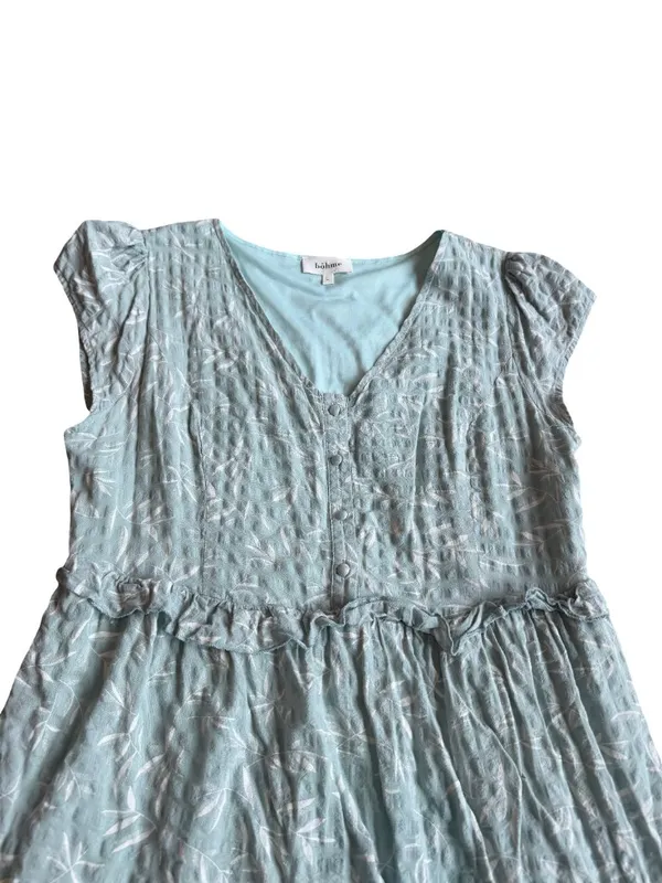 Bohme Mint Tiered Shift Dress Short Sleeve White Leaf Print Boho Size Large - Image 2