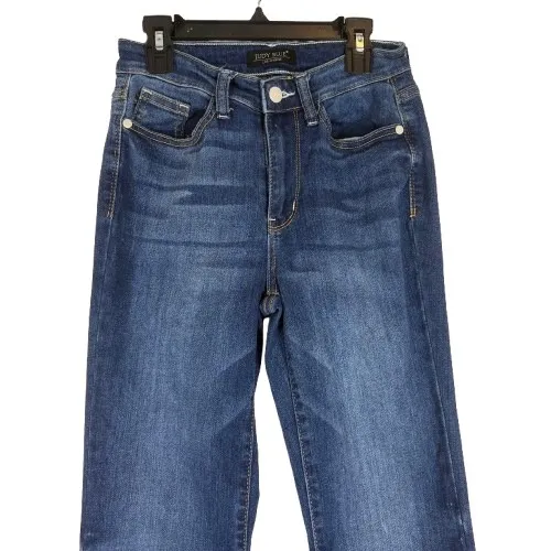 Judy Blue Cropped Boot Cut Jeans Medium Wash Denim Frayed Raw Hem Size 1/25 - Image 2
