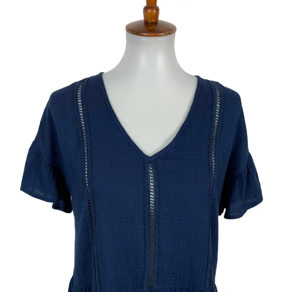 Hem And Thread Top Small‎ Blue Ruffle Sleeve Textured Boho Lightweight Blouse - Image 2