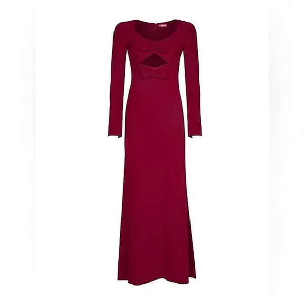Staud Lido Womens Red Double Bow Cut Out Long Sleeve Maxi A-Line Gown Dress Sz 8 - Image 12