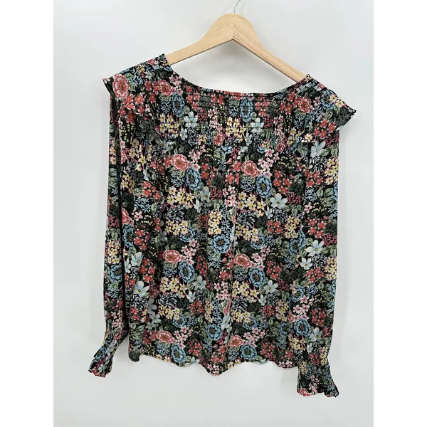 Loft Women Blouse Black Floral Ruffle Sheer Size Medium Dark Feminine‎ Smocked - Image 2
