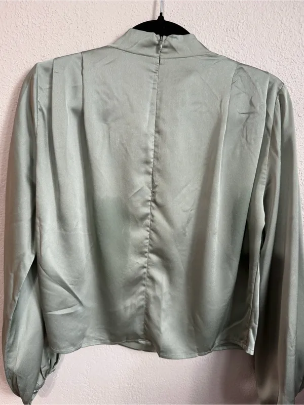 Line & Dot Satin Mock Neck Blouson Top - Sage Green - Image 6