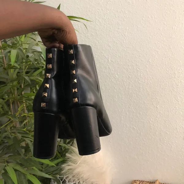 Nine West Gothic Grunge Black Leather Ankle Boots Booties Gold Studs Square Pointed Toe #Punk #Biker-8.5M Great Condition Measurement in pics - Image 2