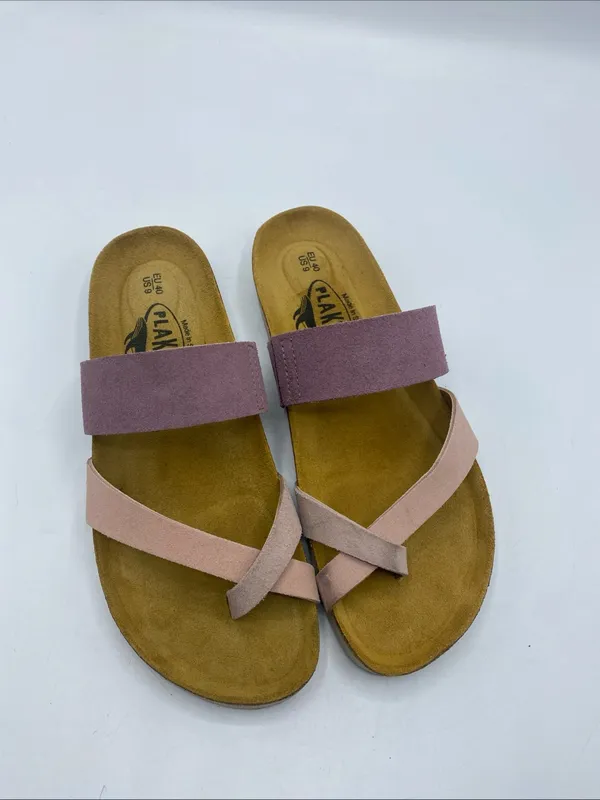 Plakton Cross Strap Leather Slide Sandals Memory Cushion Purple Pink US 9 Cork - Image 7