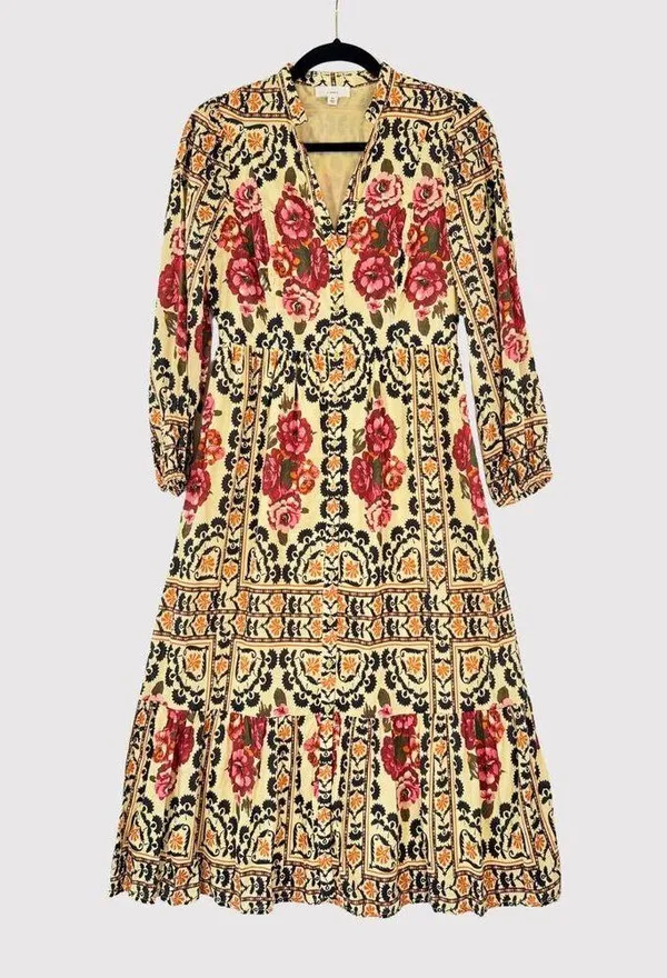 A Loves A Womens Dress Brown Vintage Floral Split V Neck Midi A Line Boho XS - Image 2