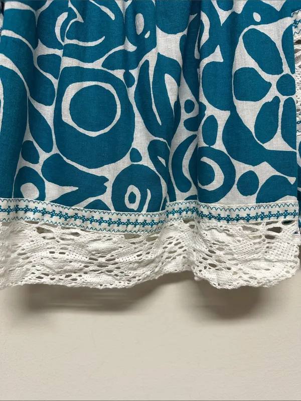 Rachel Zoe Teal Printed Peasant Linen Top with Lace Trim 3/4 Sleeves size L - Image 5