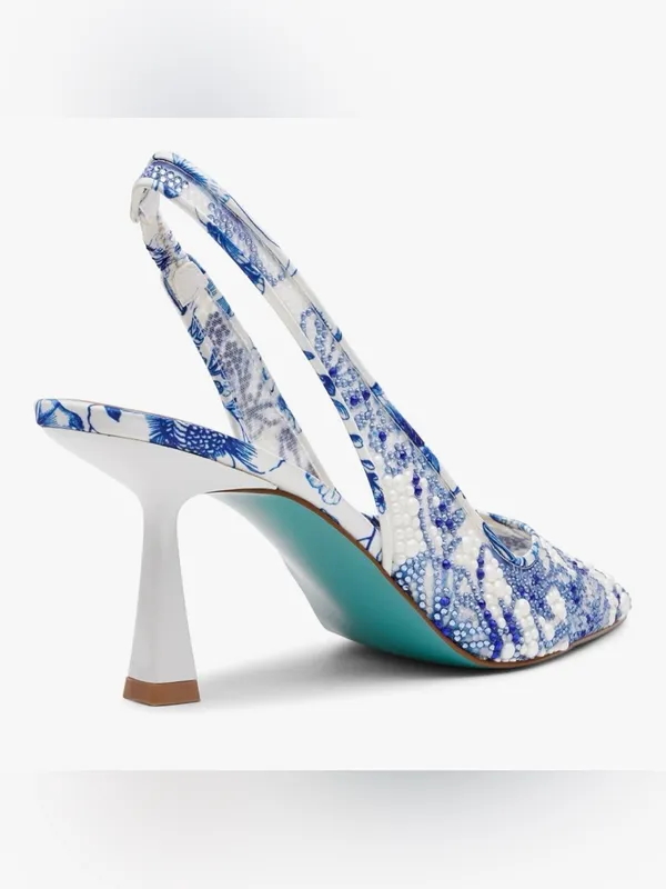 Betsey Johnson Blue & White Beaded Pointed Toe Slingback - Image 7