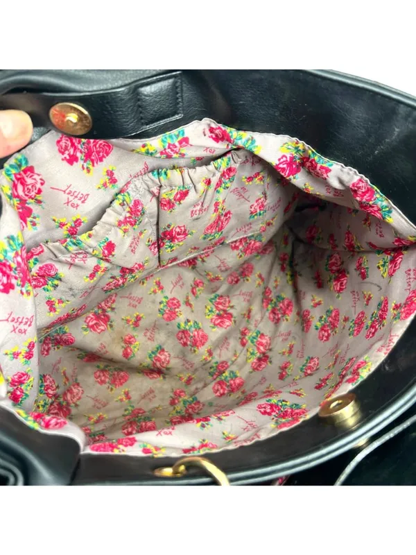 Betsey Johnson Black Bow Tote Faux Leather Floral Lining Whimsygoth Coquette - Image 6