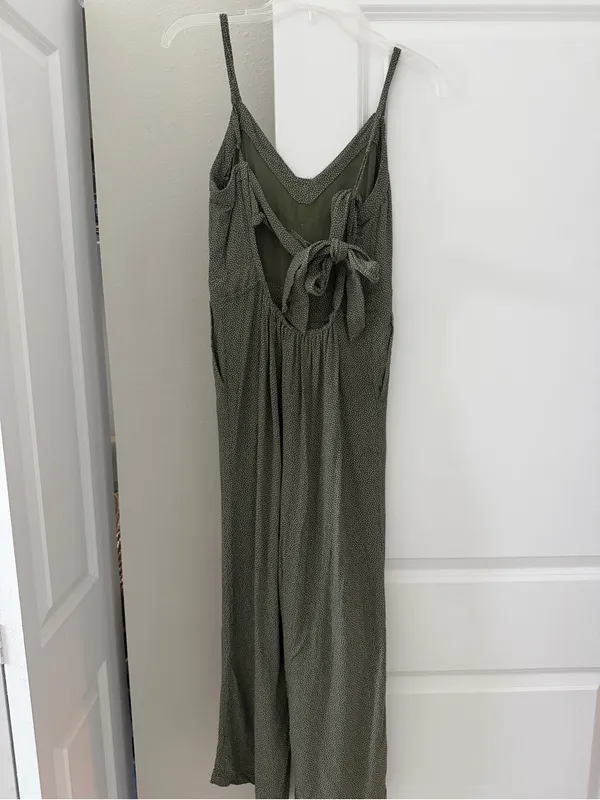 Abercrombie & Fitch Earthy Boho Button Front Tie Back Jumpsuit Green White Dot - Image 4