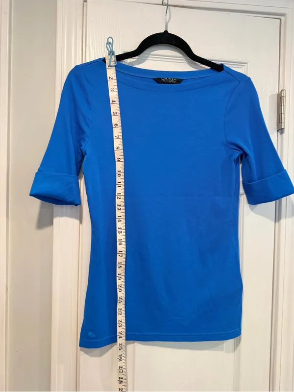 NWOT LRL Lauren Ralph Lauren Size S Blue Boat Neck Cuffed Sleeve Top Cotton - Image 9