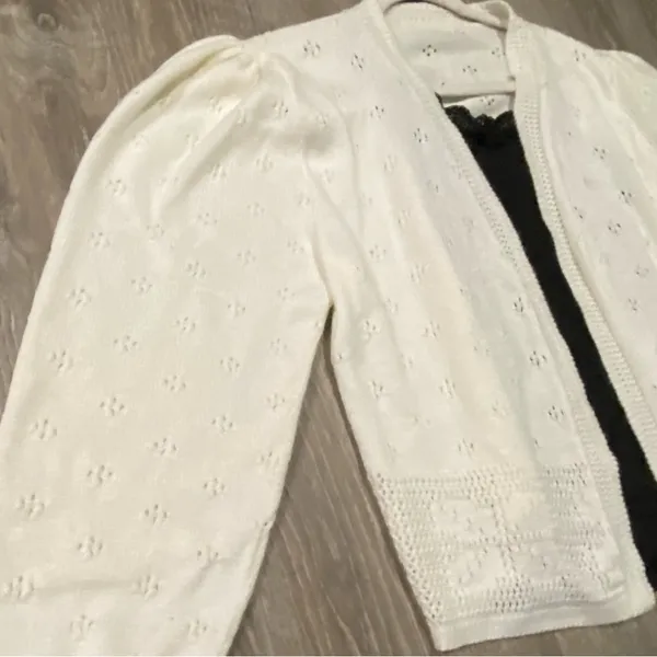 Cream Open Front Eyelet Knit Cardigan Sweater Cottagecore Boho Large - Image 4