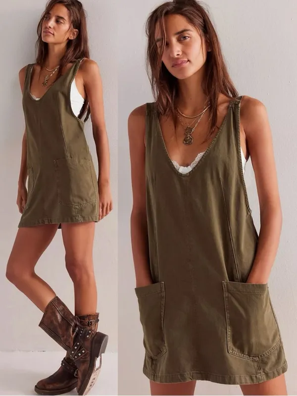 Free People High Roller Skirtall Dress in Moss Stone Army Green Size Large NWT - Image 2