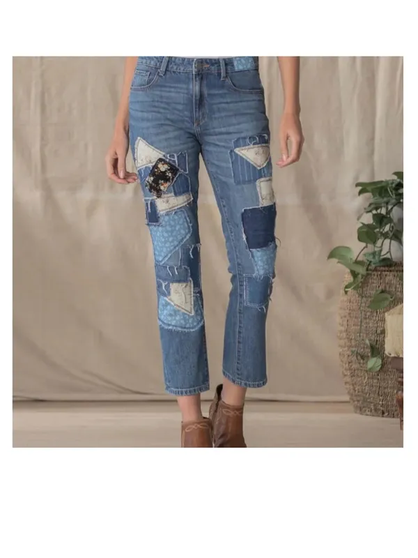 Sundance Driftwood Patchwork jeans Abbey mom Free People High Rise boyfriend boho floral - Image 14