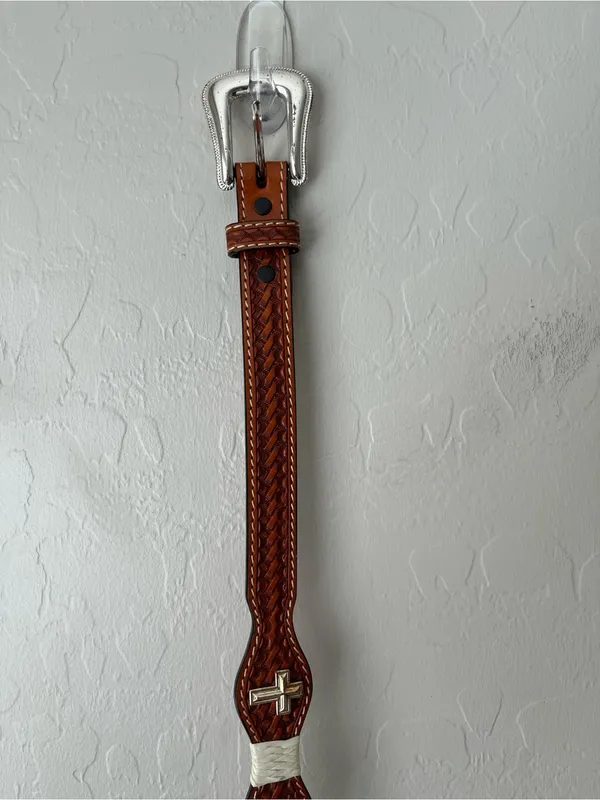 3D DDD Western Leather Tooled Cross Belt Size 36 Tan Brown White Silver - Image 5